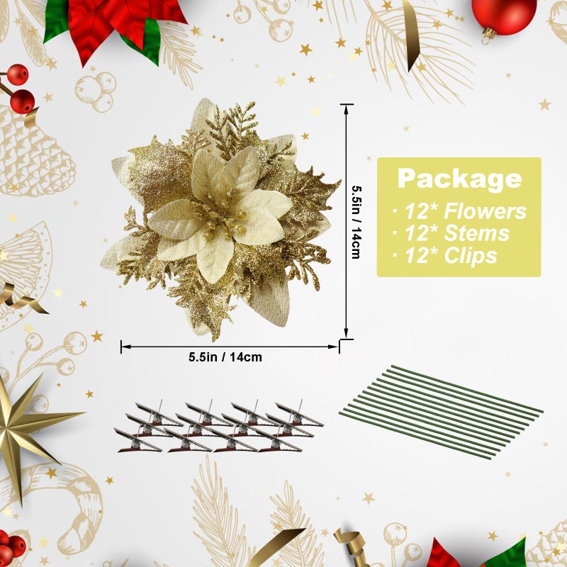 Vitalili 12 Pcs Poinsettia Artificial Christmas Flowers Decorations with Clips and Stems Glitter Christmas Poinsettia Decorations for Xmas Tree Ornaments Winter Party Wreath Decoration (Dark Golden) - Image 2