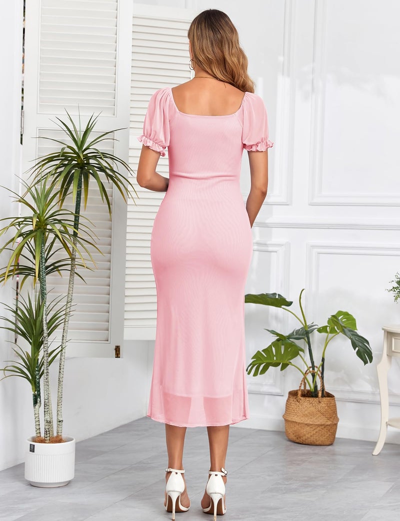 AISWI Mesh Ruched Maternity Dress Baby Shower Wedding Guest Pregnancy Shoot Fall Short Sleeves Square Neck, Pink, Small - Image 4