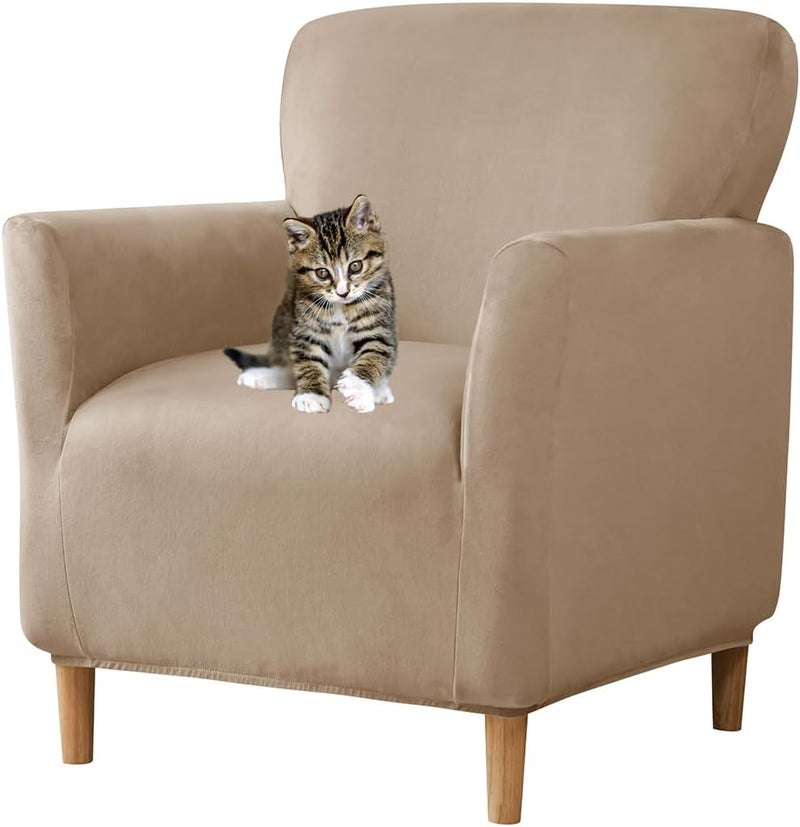 SONNACH Stretch Chair Covers with Arms 1-Piece Banquet Armchair Slipcover Velvet Mid Century Modern Armchair Slipcover Anti-Slip Furniture Protector for Living Room Friendly for Kids Pets (Khaki) - Image 1