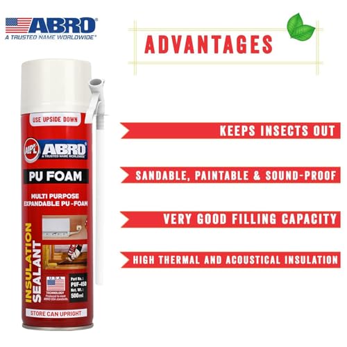 ABRO PUF-450 DIY PU Foam Sealant Spray White Fast Drying Large Holes Crack Wall Gap Filing Multipurpose Expandable Waterproof No Shrinkage Doors PVC Pipe & AC Ducts Filler for Repair DIY (500ml) - Image 3