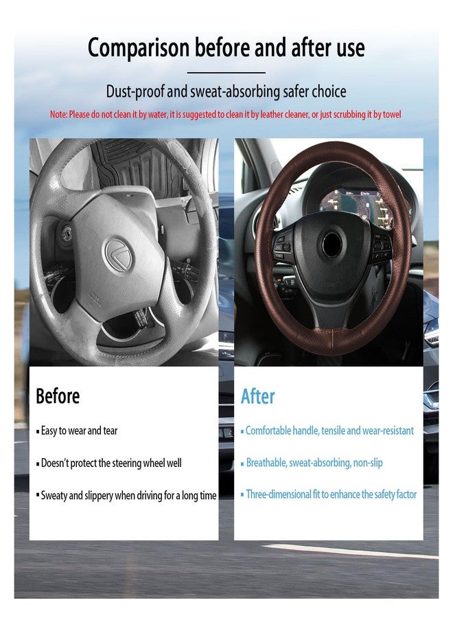 Kewucn Genuine Leather Steering Wheel Cover, 15" Universal Car Steering Wheel Protector with Needle Thread, Breathable Anti-Slip Steering Wheel Cover DIY Stitch on Wrap (Coffee, Full Hole) - Image 5