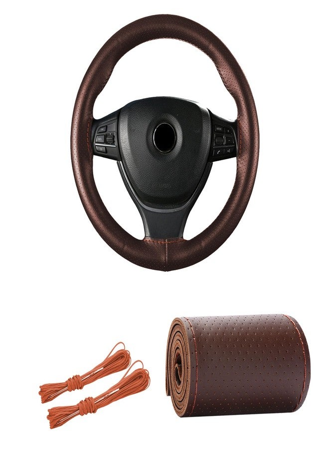 Kewucn Genuine Leather Steering Wheel Cover, 15" Universal Car Steering Wheel Protector with Needle Thread, Breathable Anti-Slip Steering Wheel Cover DIY Stitch on Wrap (Coffee, Full Hole) - Image 1