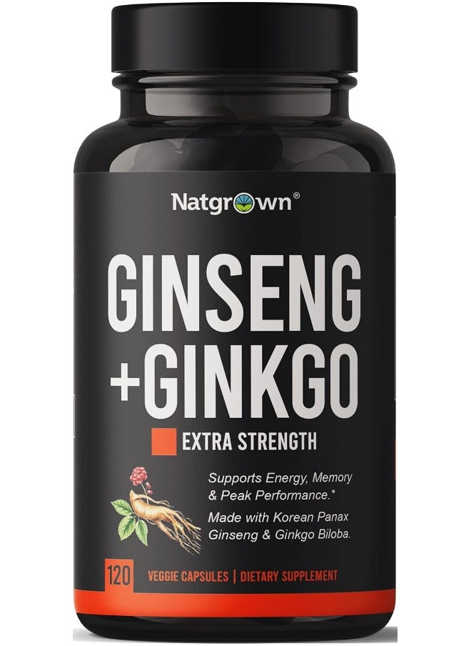 Natgrown Natgrown Panax Ginseng and Ginkgo Biloba Complex Capsules with Korean Red Ginseng & Ginko Leaf Extract Supplement for Men & Women - Supports Memory Focus Energy & Brain Function - Vegan Pills - 120ct  - Image 1