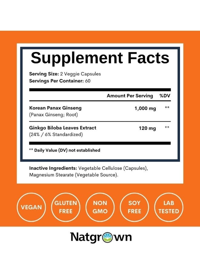 Natgrown Natgrown Panax Ginseng and Ginkgo Biloba Complex Capsules with Korean Red Ginseng & Ginko Leaf Extract Supplement for Men & Women - Supports Memory Focus Energy & Brain Function - Vegan Pills - 120ct  - Image 4