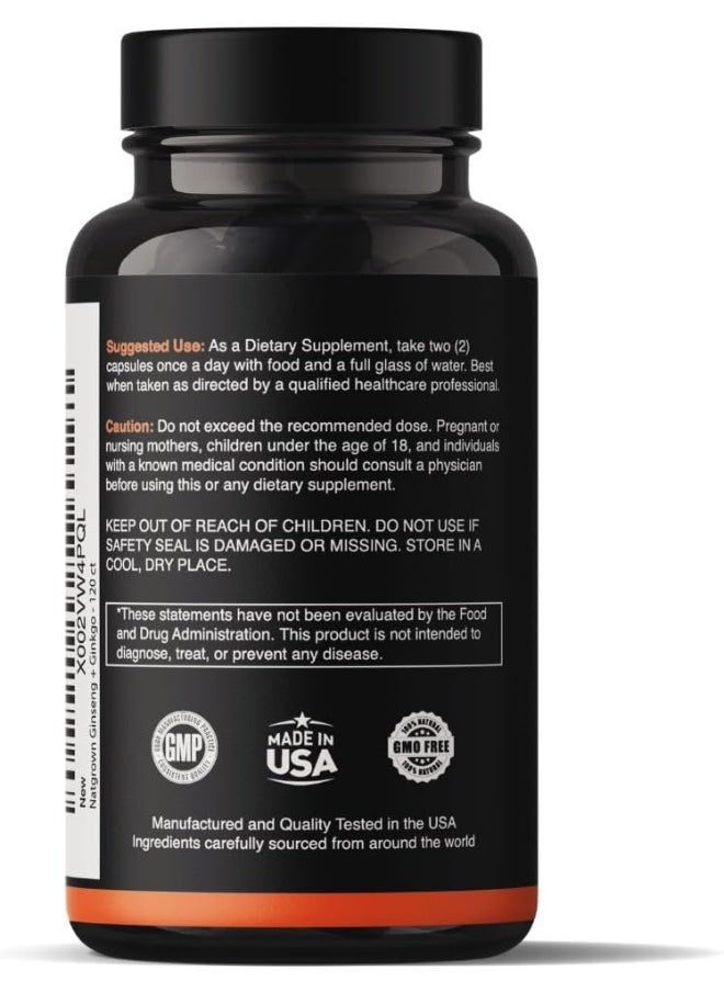 Natgrown Natgrown Panax Ginseng and Ginkgo Biloba Complex Capsules with Korean Red Ginseng & Ginko Leaf Extract Supplement for Men & Women - Supports Memory Focus Energy & Brain Function - Vegan Pills - 120ct  - Image 3