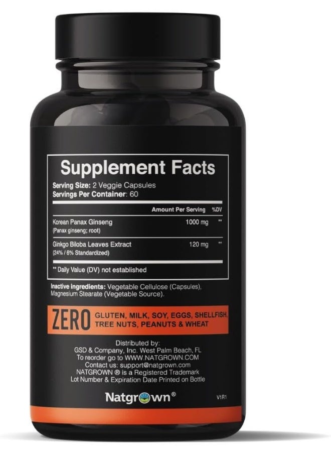 Natgrown Natgrown Panax Ginseng and Ginkgo Biloba Complex Capsules with Korean Red Ginseng & Ginko Leaf Extract Supplement for Men & Women - Supports Memory Focus Energy & Brain Function - Vegan Pills - 120ct  - Image 2