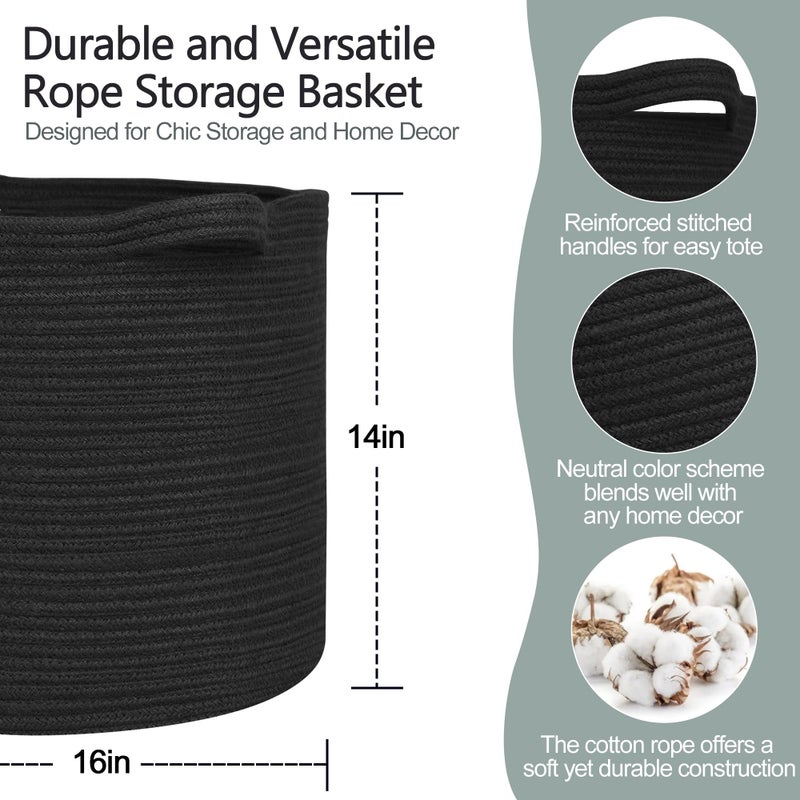 MEGASKET Large Black Storage Basket, 16" x 14" Cotton Rope Baskets for Storage, Blanket Storage Living Room, Big Woven Laundry Basket, Dog Kids Toy Box Organizer, Round Floor Shoe Towel Bin - Image 2