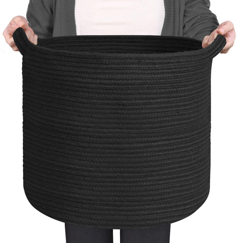 MEGASKET Large Black Storage Basket, 16" x 14" Cotton Rope Baskets for Storage, Blanket Storage Living Room, Big Woven Laundry Basket, Dog Kids Toy Box Organizer, Round Floor Shoe Towel Bin - Image 1