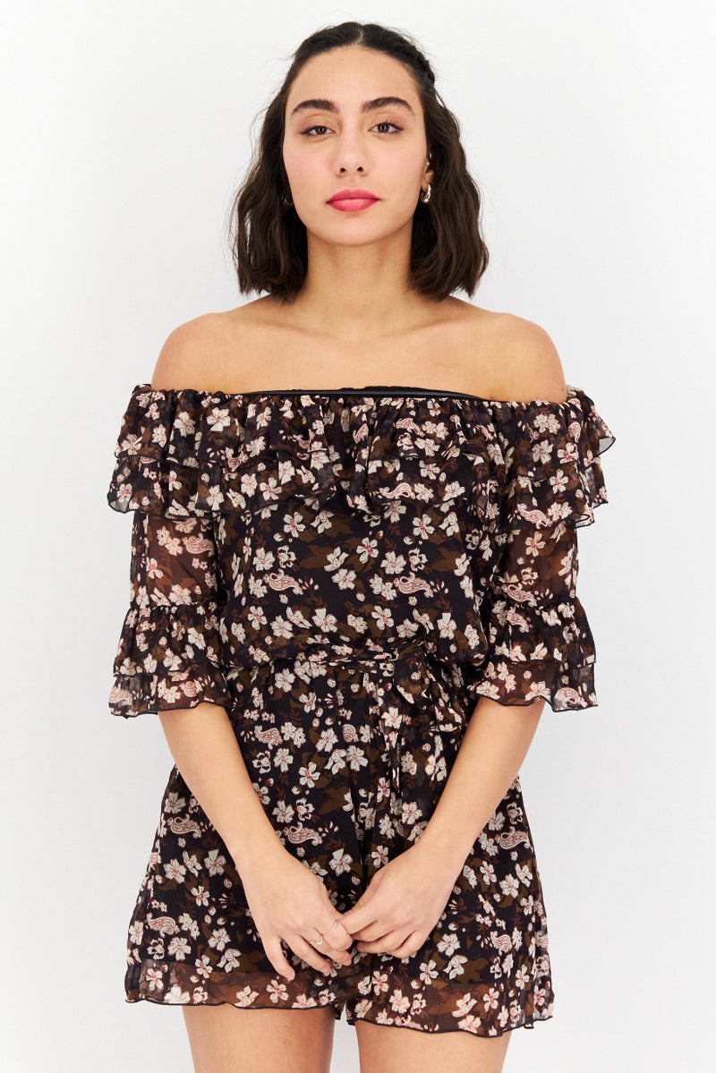 ONLY Women Floral Print Short Sleeves Romper, Brown Combo - Image 1