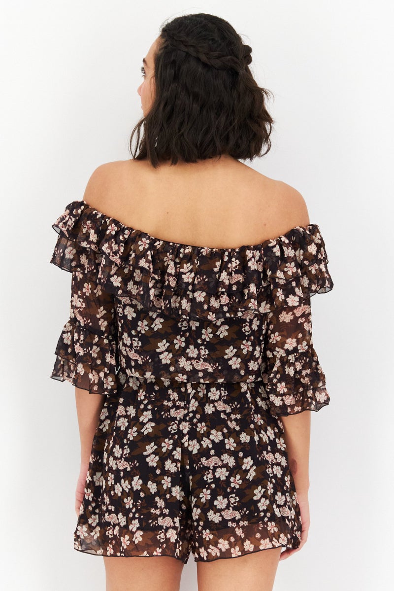 ONLY Women Floral Print Short Sleeves Romper, Brown Combo - Image 3