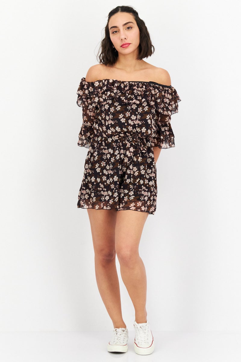 ONLY Women Floral Print Short Sleeves Romper, Brown Combo - Image 2
