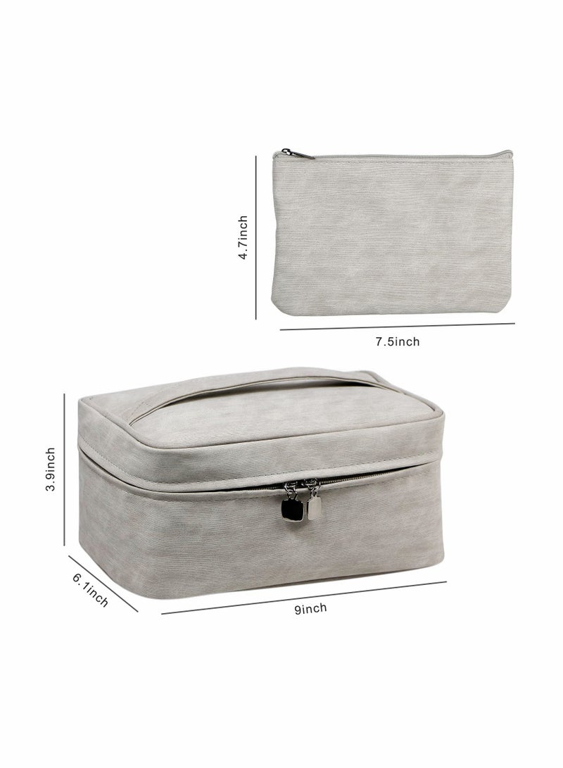KASTWAVE Travel Makeup Bag Cosmetic Case Organizer with Brush Holder Pouch and Portable Storage Bag for Purse, Large Toiletry Make Up Bag for Women and Girls (Grey)  - Image 2