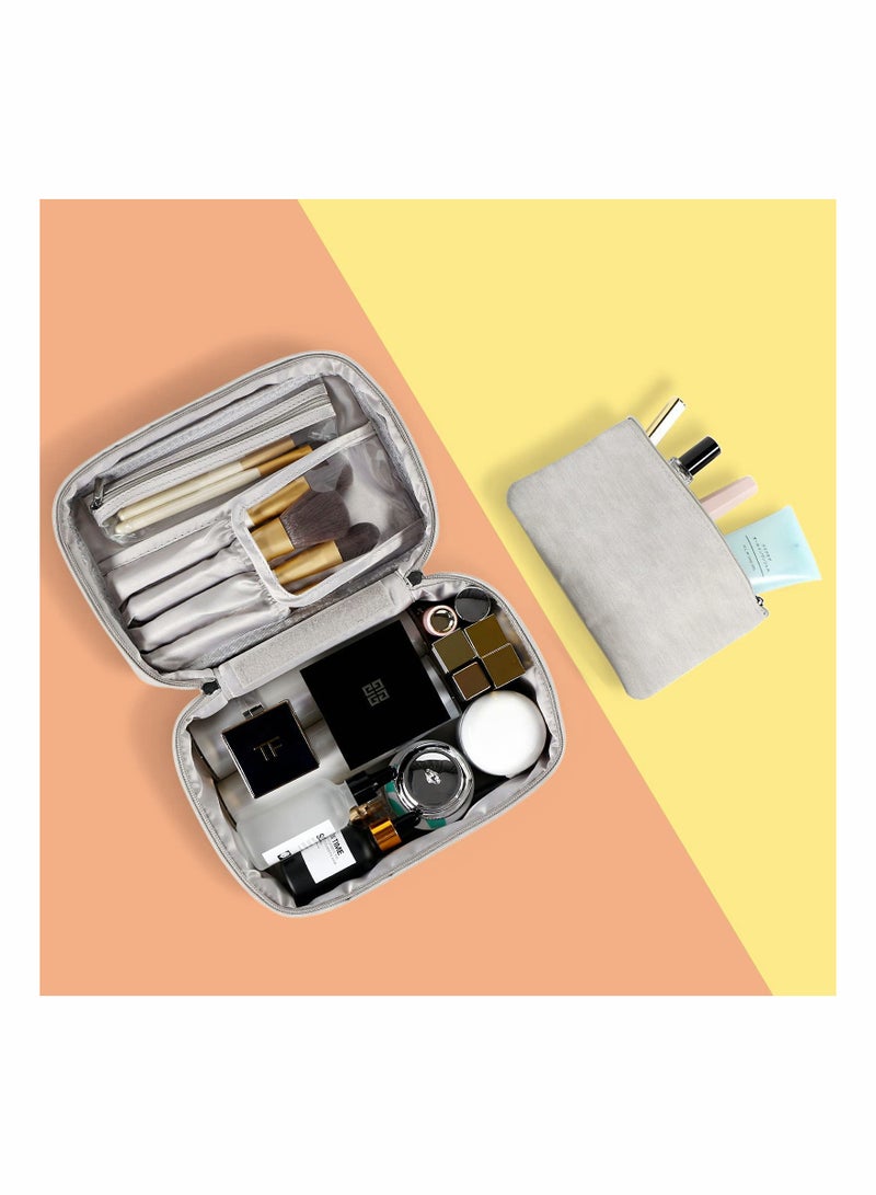 KASTWAVE Travel Makeup Bag Cosmetic Case Organizer with Brush Holder Pouch and Portable Storage Bag for Purse, Large Toiletry Make Up Bag for Women and Girls (Grey)  - Image 3