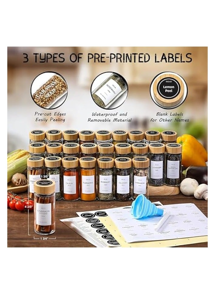 Green Tiger 24 Pcs Glass Spice Jars with Bamboo Lids, 4 oz Glass Jars with Spice Labels Stickers, Collapsible Funnel, Seasoning Storage Bottles for Spice Rack, Cabinet, Drawer (round) - Image 2