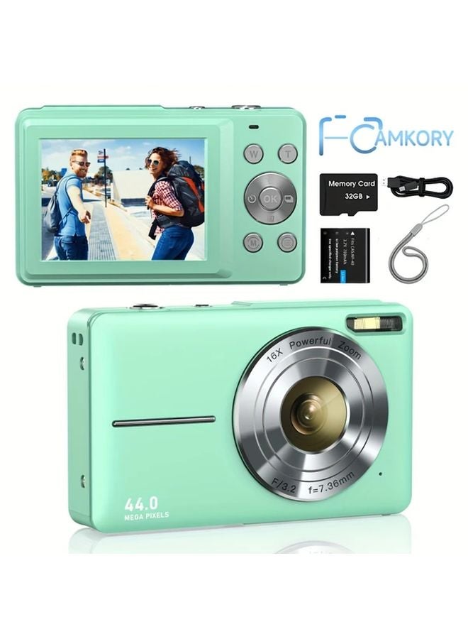 Digital Camera 1080P FHD 44MP Point Shoot 16X Zoom Anti Shake 32GB Memory Card Compact For Beginners Green - Image 1