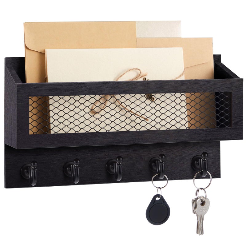 Colingmill Magnetic Mail and Key Holder for Wall Fridge Wooden Mail Organizer with 5 Key Hooks for Home Bedroom Fridge Kitchen DecorativeBlack - Image 2