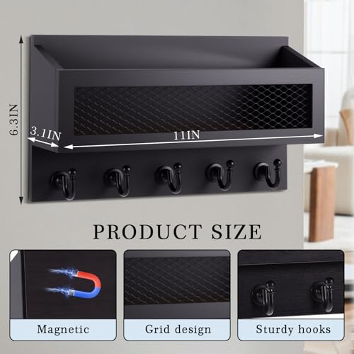 Colingmill Magnetic Mail and Key Holder for Wall Fridge Wooden Mail Organizer with 5 Key Hooks for Home Bedroom Fridge Kitchen DecorativeBlack - Image 3