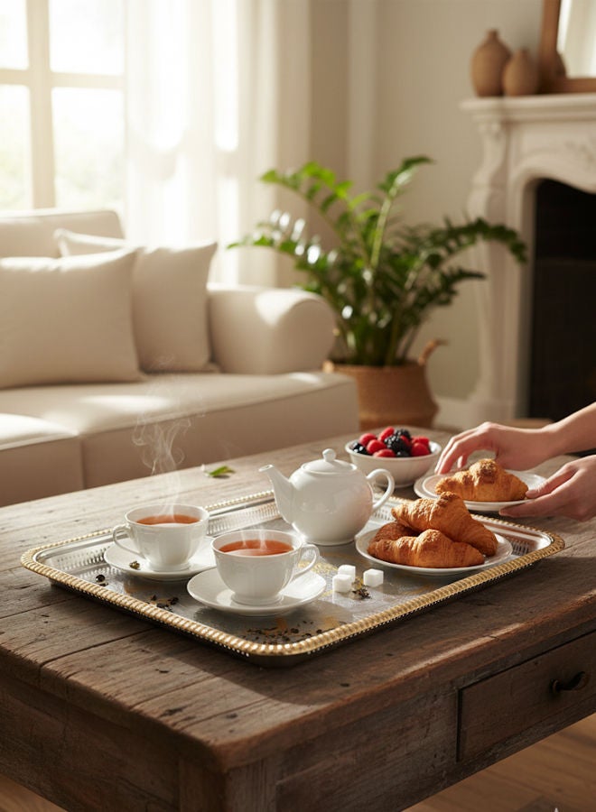 Dove Stainless Steel Rectangular Serving Tray Silver/Gold 60cm - Image 3