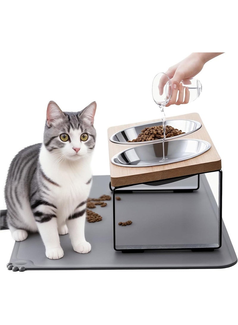 Upgraded Elevated Cat Bowls with Food Mat,15°Tilted Stand Anti Vomiting Raised Cat Dishes for Food and Water,2 Stainless Steel Bowls for Cats and Puppy - Image 1