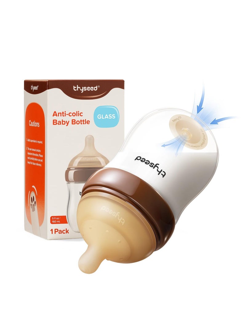 Thyseed Anti-Colic Glass Baby Bottle for Breastfed Infants, Paced Feeding, Breast-Like Newborn Slow Flow Nipple (1m+), 5 oz, 1 Pack - Image 1