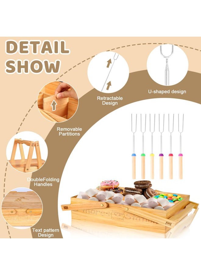 MSHUNKEJI 4 in 1 Smores Station with Handles 6 Pcs 32'' Marshmallow Roasting Sticks Wooden Smores Caddy Organizer Smores Tray with Lid Smore Skewers Extendable Smores Box Storage for Fire Pits Camping BBQ - Image 3