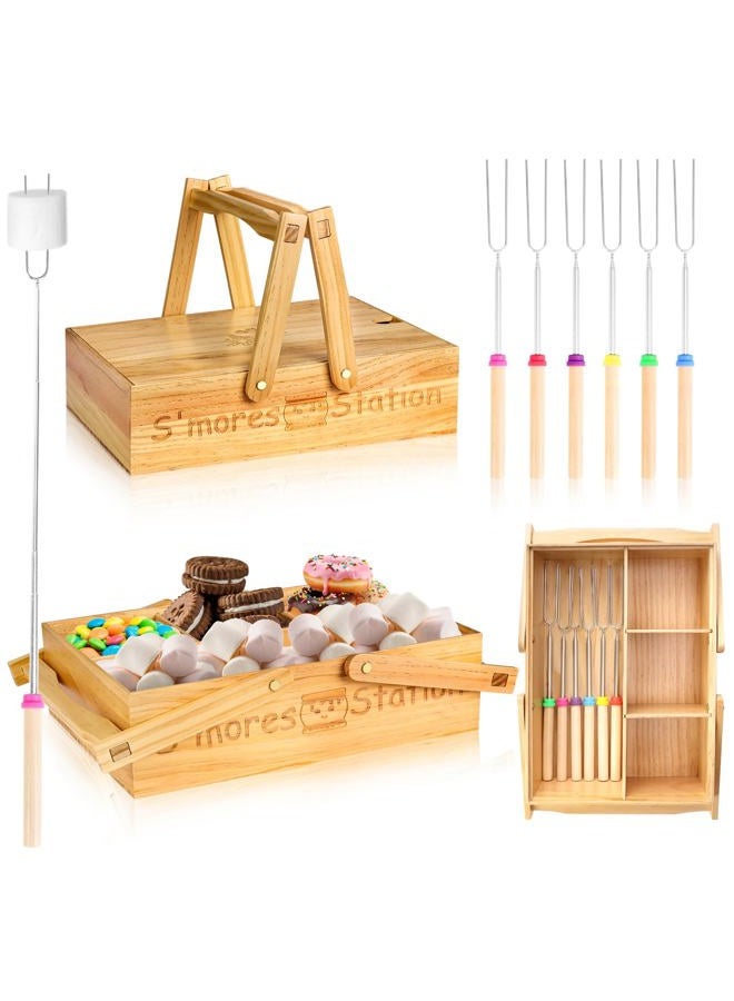MSHUNKEJI 4 in 1 Smores Station with Handles 6 Pcs 32'' Marshmallow Roasting Sticks Wooden Smores Caddy Organizer Smores Tray with Lid Smore Skewers Extendable Smores Box Storage for Fire Pits Camping BBQ - Image 1