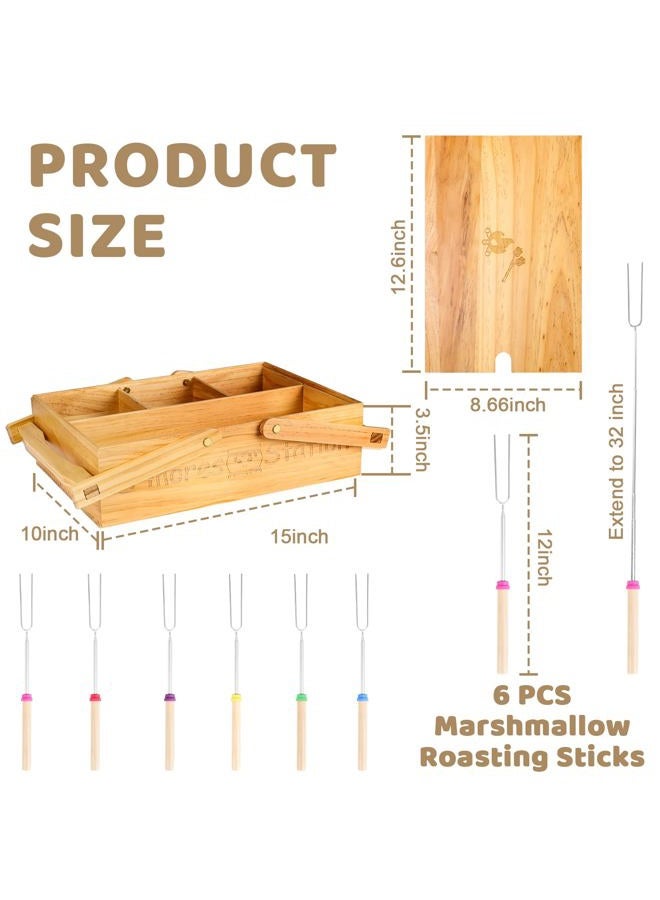 MSHUNKEJI 4 in 1 Smores Station with Handles 6 Pcs 32'' Marshmallow Roasting Sticks Wooden Smores Caddy Organizer Smores Tray with Lid Smore Skewers Extendable Smores Box Storage for Fire Pits Camping BBQ - Image 2