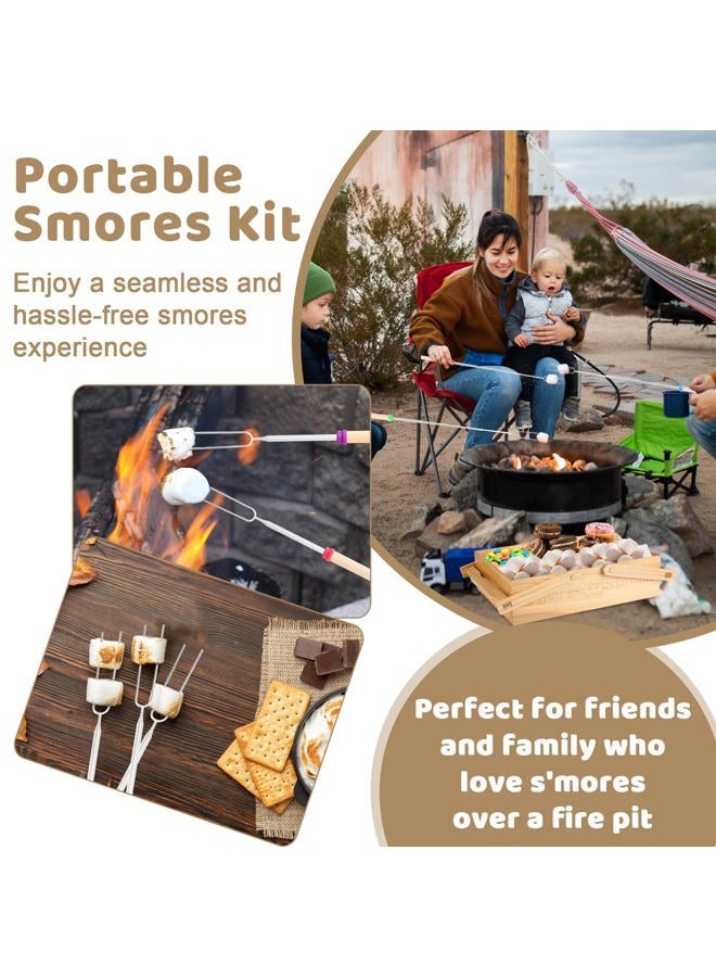 MSHUNKEJI 4 in 1 Smores Station with Handles 6 Pcs 32'' Marshmallow Roasting Sticks Wooden Smores Caddy Organizer Smores Tray with Lid Smore Skewers Extendable Smores Box Storage for Fire Pits Camping BBQ - Image 5