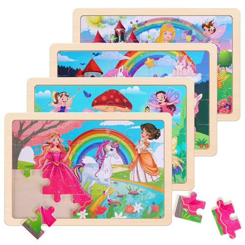 NASHRIO Wooden Educational Jigsaw Puzzles for Preschool Kids Ages 35 4Pack with 20 Pieces Unicorn Princess Wood Puzzles Set Toddler Brain Teaser Toys Preschool Gifts for Boys Girls Ages 3 4 5 6 - Image 1