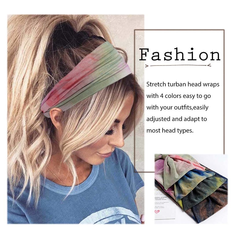 Aceorna Wide Headbands Stretch Turban Knotted Hairbands Elastic Yoga Workout Sweatband Running Sport Head Scarf Large African Head Wraps for Women 4 Pcs (Set A) - Image 5