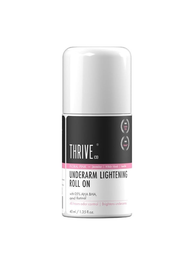 ThriveCo Underarm Lightening Roll-On with 5% AHA BHA & Retinol – 24H Odour Control, Brightens Underarms & Reduces Discolouration for Smooth & Even Skin, For Men & Women | 40 ml (Floral Pink) - Image 1