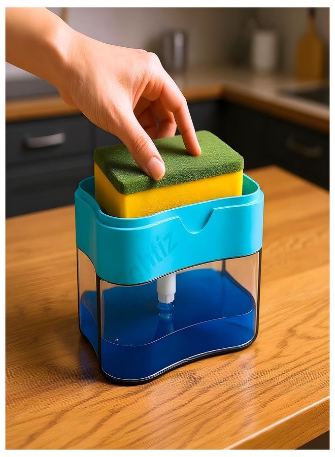 Eightiz 2 in 1 Soap Dispenser for Bathroom Accessories Dishwasher Liquid Holder Liquid Dispenser Pump 400 ML with Sponge Holder Kitchen Sink Accessories Items (Multi-Color) - Image 1
