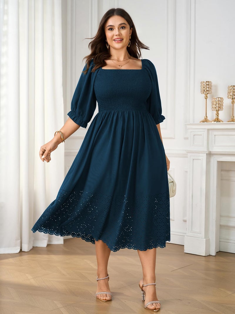 SCOMCHIC Women's Plus Size Maxi Dress Short Sleeve Square Neck Hollow Out Smocked Flowy A-Line Boho Wedding Guest Dresses Lakeblue - Image 2