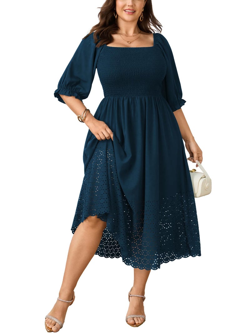 SCOMCHIC Women's Plus Size Maxi Dress Short Sleeve Square Neck Hollow Out Smocked Flowy A-Line Boho Wedding Guest Dresses Lakeblue - Image 1