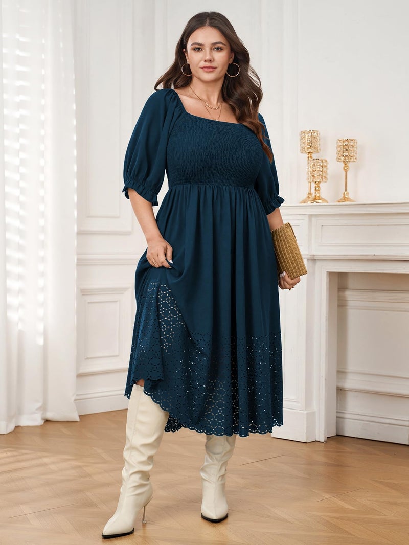 SCOMCHIC Women's Plus Size Maxi Dress Short Sleeve Square Neck Hollow Out Smocked Flowy A-Line Boho Wedding Guest Dresses Lakeblue - Image 4