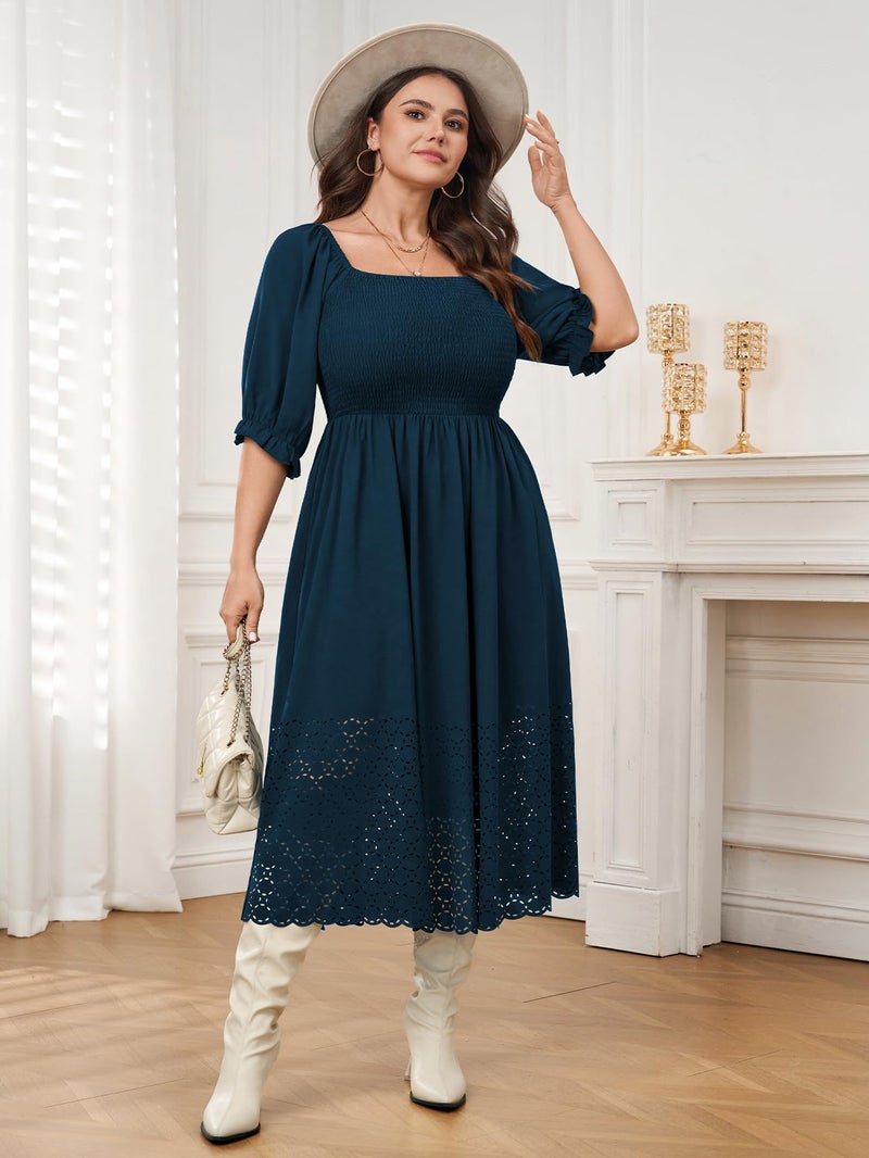 SCOMCHIC Women's Plus Size Maxi Dress Short Sleeve Square Neck Hollow Out Smocked Flowy A-Line Boho Wedding Guest Dresses Lakeblue - Image 5