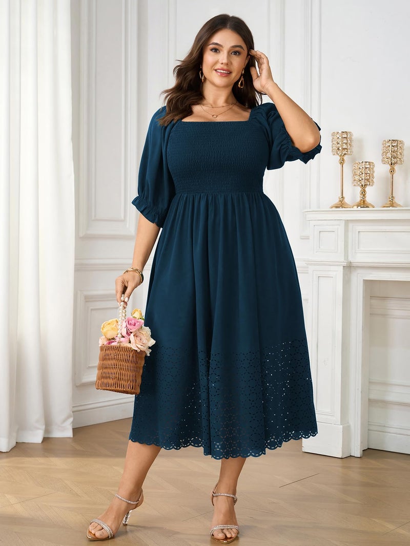 SCOMCHIC Women's Plus Size Maxi Dress Short Sleeve Square Neck Hollow Out Smocked Flowy A-Line Boho Wedding Guest Dresses Lakeblue - Image 3