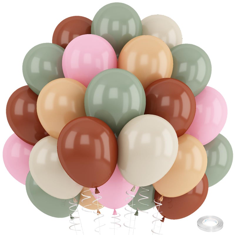 Paeyeq Sage Green Pink Balloons 12inch Dusty Green Pink Brown Balloon for Wild One Girls Birthday Safari Jungle Party Decorations Fog Green Beige Nude Blush Coffee Brown Latex Helium Balloon for Arch - Image 3