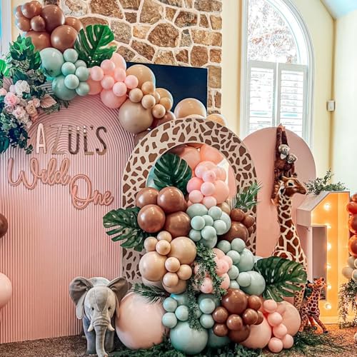 Paeyeq Sage Green Pink Balloons 12inch Dusty Green Pink Brown Balloon for Wild One Girls Birthday Safari Jungle Party Decorations Fog Green Beige Nude Blush Coffee Brown Latex Helium Balloon for Arch - Image 5