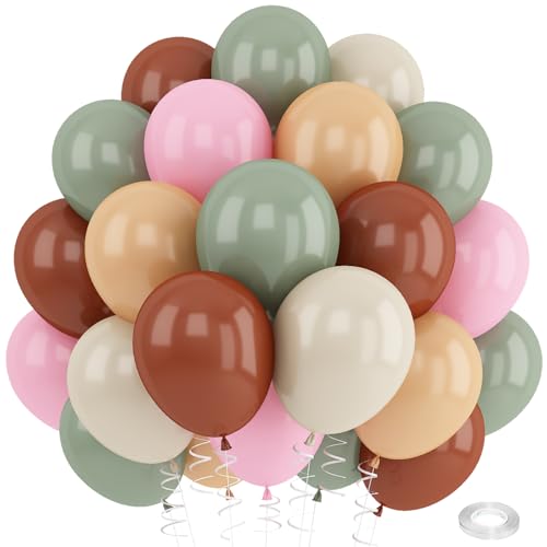 Paeyeq Sage Green Pink Balloons 12inch Dusty Green Pink Brown Balloon for Wild One Girls Birthday Safari Jungle Party Decorations Fog Green Beige Nude Blush Coffee Brown Latex Helium Balloon for Arch - Image 1