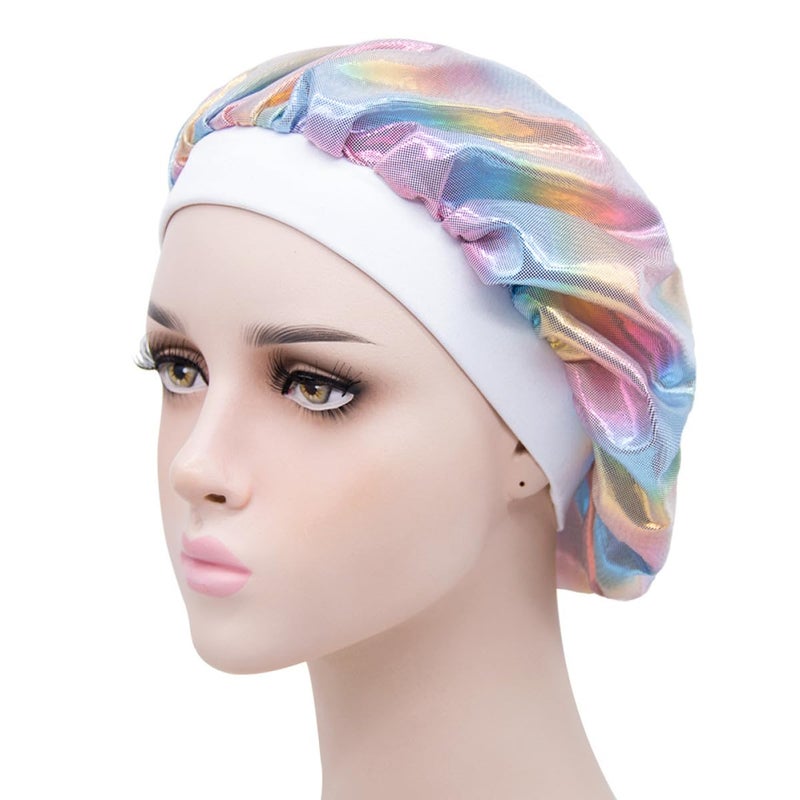 5 Pcs Elastic Hair Bonnet and Shower Cap Set Multi Color Wide Brim Bathing Sleep Hat - Image 4