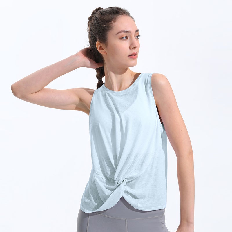 Generic Summer Thin Cool Yoga Clothes Womens Loose Sleeveless Mesh Breathable Running Blouse Quick-drying Fitness Clothes Sports T-shirt cloud water blue 