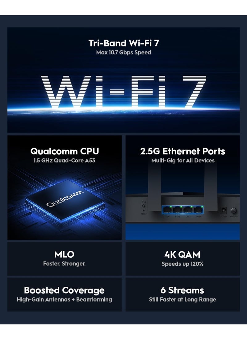 cudy Tri-Band WiFi 7 BE11000 Router, 6-Stream 10 Gbps, 4 × 2.5G Ports, Up to 11000Mbps, VPN Server and Client, Cudy APP and Mesh, 6 × High-gain Antennas  - Image 4