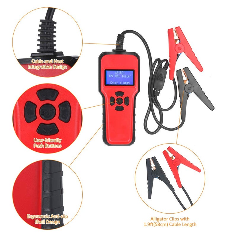 AE1801 Car Battery Tester, Digital Battery Analyzer, 12V Battery Capacity Tester with 24in. LCD Display, Multi Language Support for CCA, CA, BCI, MCA Standards, - Image 3