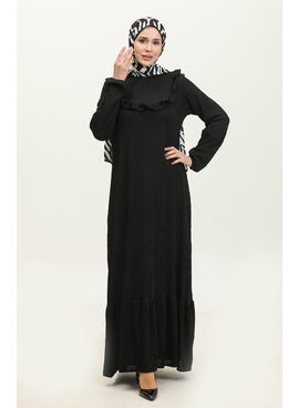 Sefa Merve Ruffle Detailed Corduroy Dress 0315-06 Black  - Image 2