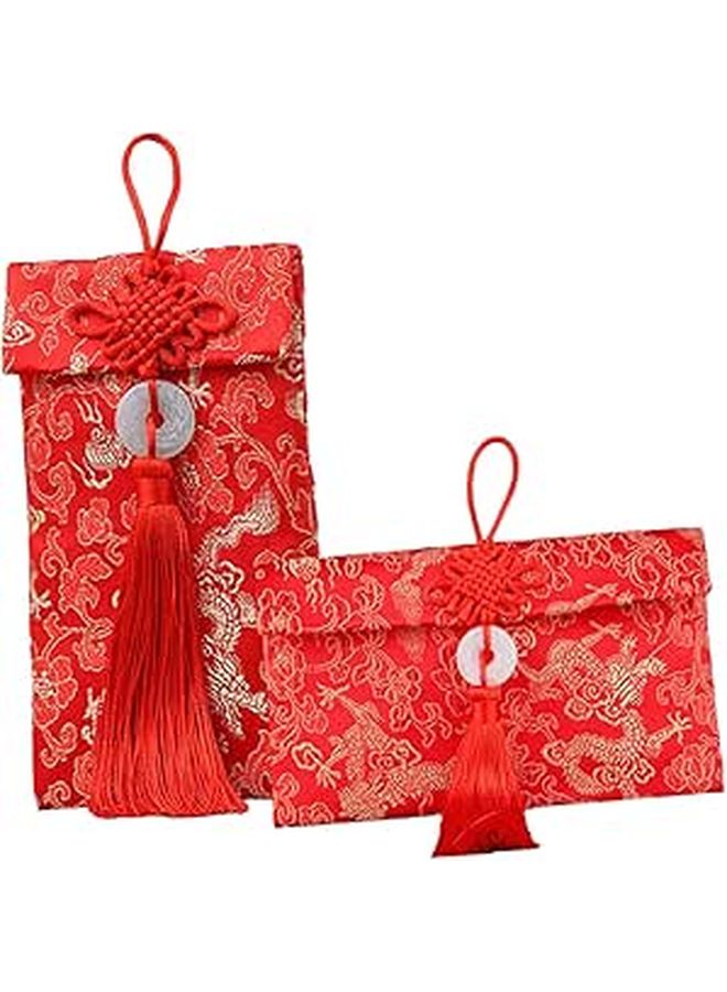 Traditional Chinese Red Envelopes Brocade Fabric Gold Dragon Design Wedding Lunar New Year Money Packets - Image 1