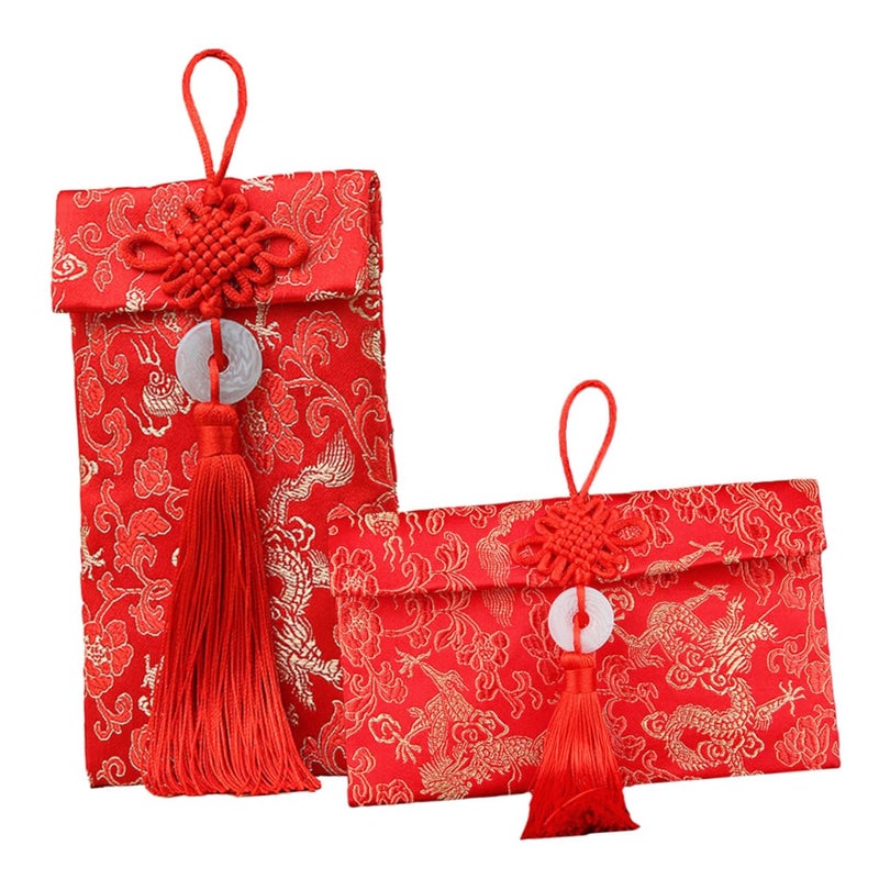 Traditional Chinese Red Envelopes Brocade Fabric Gold Dragon Design Wedding Lunar New Year Money Packets - Image 2