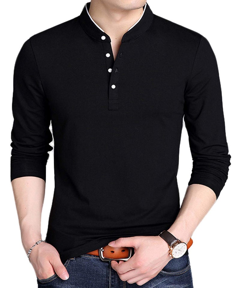 YTD Men's Casual Slim Fit Pure Color Long Sleeve Polo Fashion T-Shirts (US Large, Long Sleeve Black) - Image 1