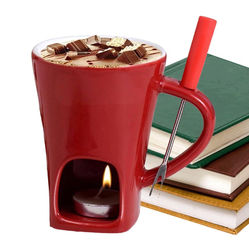 Red Chocolate Fondue Mug with Fork and Candle for Family Holiday Dessert - Image 2