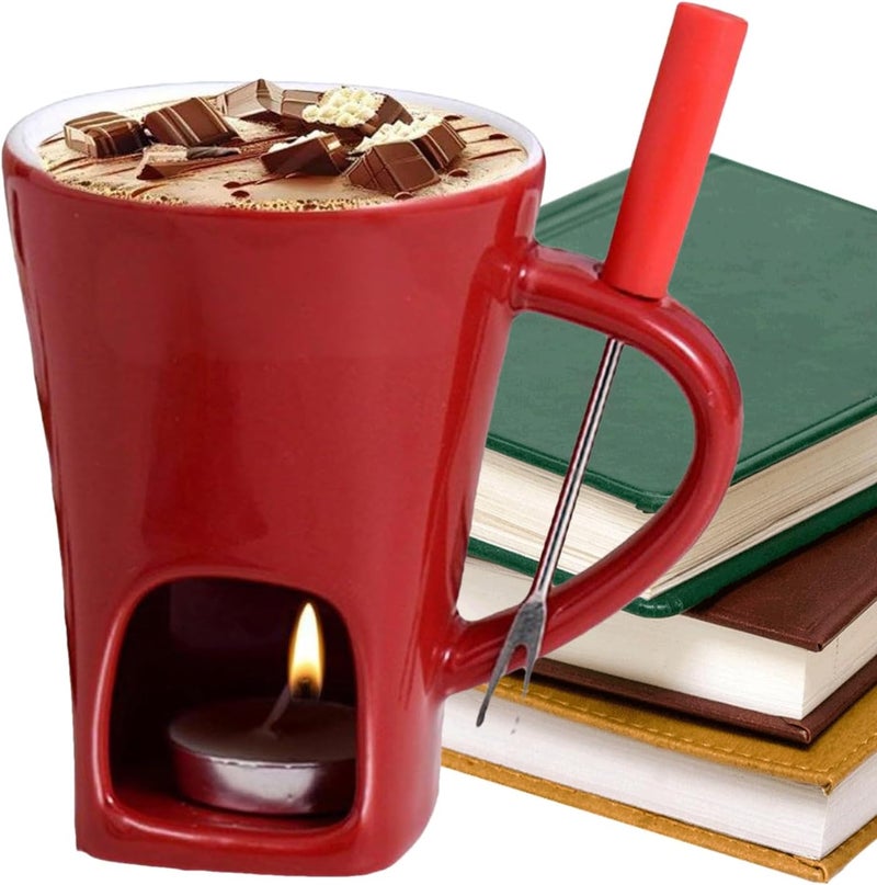 Red Chocolate Fondue Mug with Fork and Candle for Family Holiday Dessert - Image 1